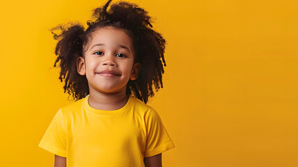 cheerful mockup exhibiting a happy young black curly hair boy in a yellow t-shirt against a bright yellow background, radiating positivity and joy