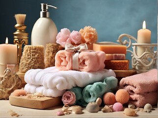 Obraz na płótnie Canvas Bath accessories: soap, sponge, towels