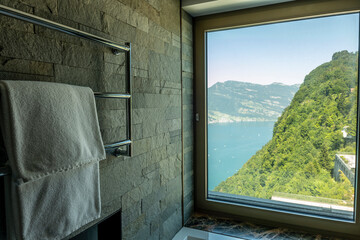 Bathroom with Mountain and Lake View in Burgenstock, Nidwalden, Switzerland.