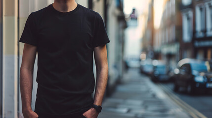 sleek mockup featuring a man in a black t-shirt walking on a city street, without showing his face, offering versatility and anonymity