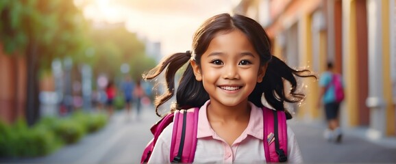Happy smiling filipino little kid girl carrying a backpack going back to school looking at the camera, copy space banner template backdrop from Generative AI - obrazy, fototapety, plakaty