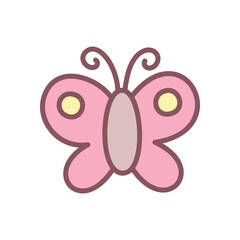 Cute butterfly icon. Hand drawn illustration of a butterfly with pink wings isolated on a white background. Kawaii sticker. Vector 10 EPS.