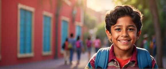 Happy smiling hispanic mexican little kid boy carrying a backpack going back to school looking at the camera, copy space banner template backdrop from Generative AI
