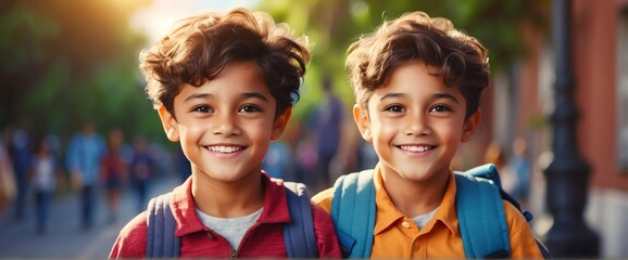 Happy smiling little kid boy carrying a backpack going back to school looking at the camera, copy space banner template backdrop from Generative AI