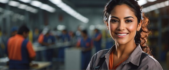 Hispanic mexican female factory worker smiling looking at the camera, copy space banner template backdrop from Generative AI