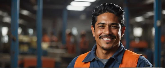 Fotobehang Hispanic mexican male factory worker smiling looking at the camera, copy space banner template backdrop from Generative AI © Arceli