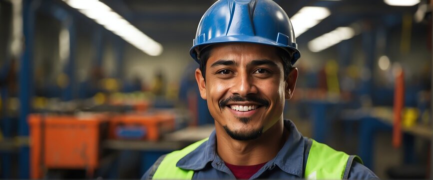 Hispanic mexican male factory worker smiling looking at the camera, copy space banner template backdrop from Generative AI