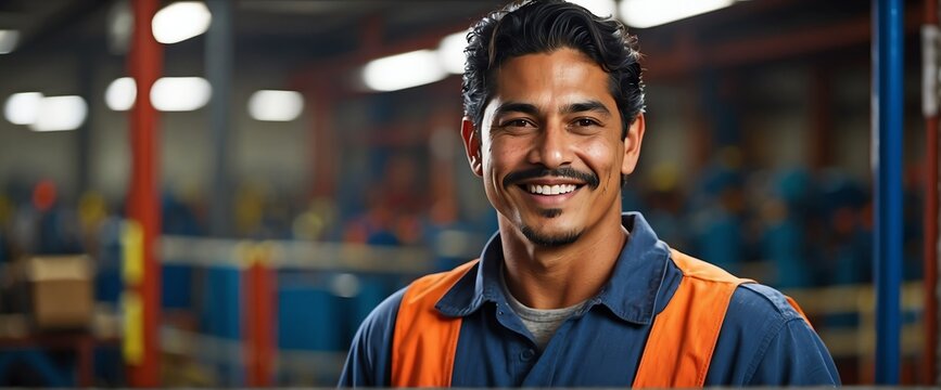 Fototapeta Hispanic mexican male factory worker smiling looking at the camera, copy space banner template backdrop from Generative AI