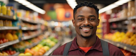 Male Black african grocery supermarket clerk worker employee on foods section smiling looking on camera, copy space banner template backdrop from Generative AI - obrazy, fototapety, plakaty