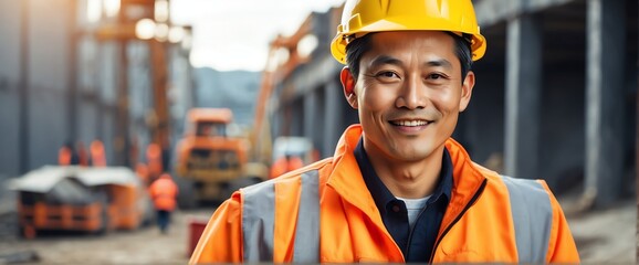 Male Chinese engineer architect on construction site smiling looking at the camera, copy space banner template backdrop from Generative AI - obrazy, fototapety, plakaty
