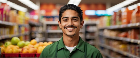 Male hispanic mexican grocery supermarket clerk worker employee on foods section smiling looking on camera, copy space banner template backdrop from Generative AI
