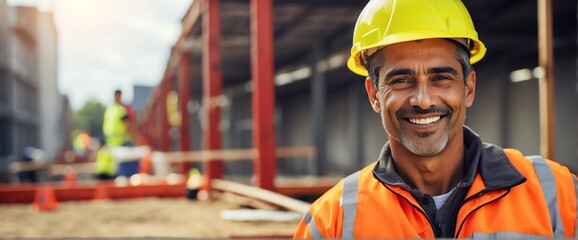 Male immigrant engineer architect on construction site smiling looking at the camera, copy space banner template backdrop from Generative AI
