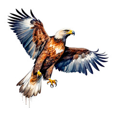Obraz premium Watercolor painting of Eagle, in in flight, vector illustration, eagle portrait art, bird, brown, crafting, greeting invitation cards, journal, presentation, design project, cutout, white background