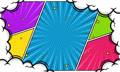 Naklejka premium Colorful comic pop art panel background with cloud and star