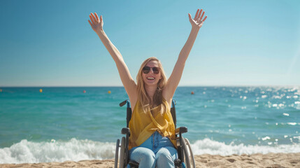 Happy disabled young woman in a wheelchair on the beach , beach accessibility and handicapped people holidays concept image