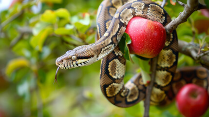 Snake in a apple tree next to a red apple representing original sin