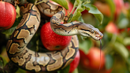 Snake in a apple tree next to a red apple representing original sin - obrazy, fototapety, plakaty