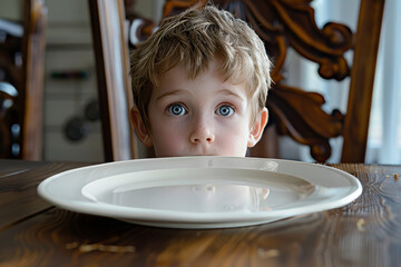 Young boy kid in front of an empty plate , starvation and undernutrition concept image for topic related to child nutritional deficiencies - obrazy, fototapety, plakaty