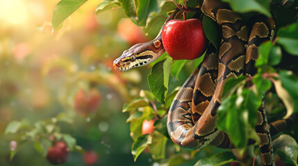 Snake in a apple tree next to a red apple representing original sin - obrazy, fototapety, plakaty