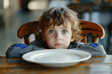 Young boy kid in front of an empty plate , starvation and undernutrition concept image for topic related to child nutritional deficiencies