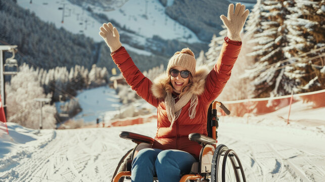 Happy disabled young woman in a wheelchair on snow , ski resort accessibility and handicapped people winter vacations concept image