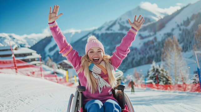 Happy disabled young woman in a wheelchair on snow , ski resort accessibility and handicapped people winter vacations concept image