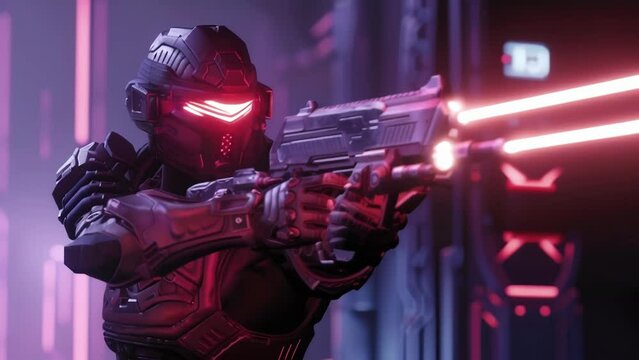 A fierce warrior with glowing red eyes grips his advanced laser blaster ready to take on any challengers in the FPS cyber tournament.