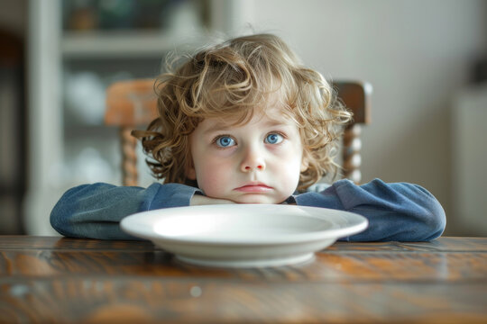 Young boy kid in front of an empty plate , starvation and undernutrition concept image for topic related to child nutritional deficiencies