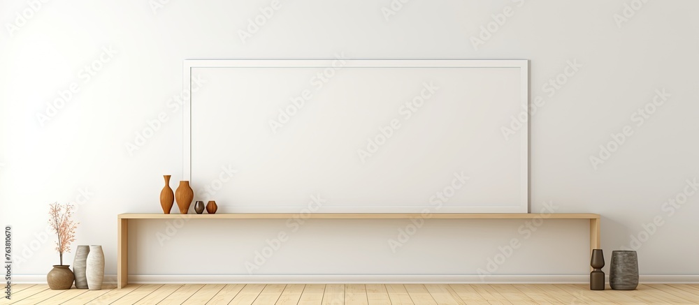 Poster there is an image frame resting on a shelf inside a room with no other items visible