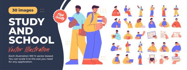 Character Illustration. Mega Bundle. Collection scenes of School, study, education, knowledge, learning, student. Vector Illustration