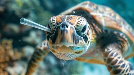 Deurstickers Close-up of a sea turtle with a plastic straw stuck in its nostril, symbolizing the impact of pollution on marine life. © doraclub