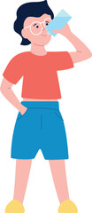 Thirsty boy drink fresh water from glass. Color character