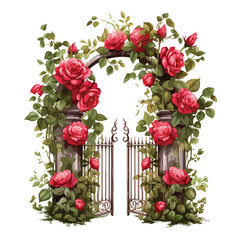 Cottage Garden Gate with Red Roses clipart