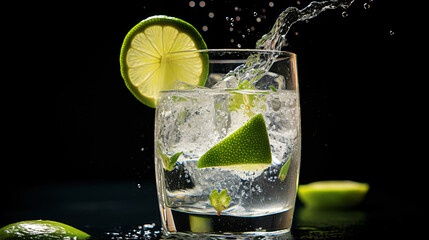 A refreshing gin and tonic with a slice of lime. - obrazy, fototapety, plakaty