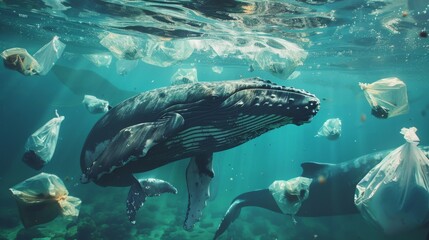 A humpback whale swims through clear blue waters filled with plastic bags, illustrating the pervasive issue of ocean pollution.