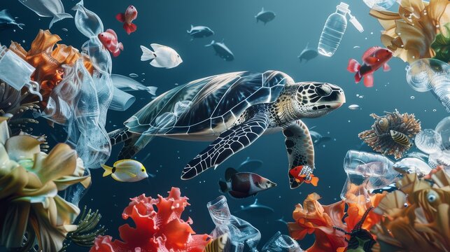 A sea turtle glides through the deep blue, surrounded by swirling plastic waste, highlighting the plight of marine ecosystems.