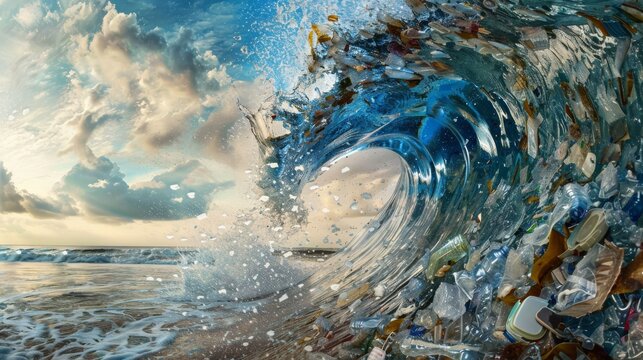 Dramatic composite image showing a wave cresting with plastic debris on the beach, merging natural beauty with pollution.