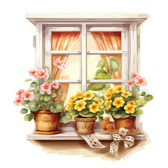 Country Cottage Window with Potted Primrose clipart i