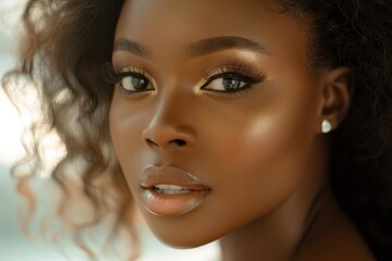 Naklejka premium A Nigerian beauty model, captured in a high-resolution DSLR shot with an 85mm prime lens, her face exuding confidence and allure, set in a bright studio