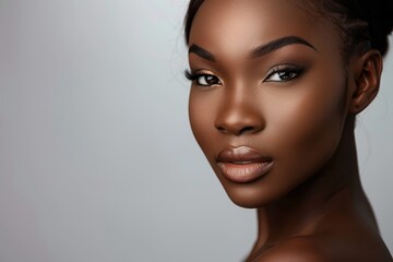 A Nigerian beauty model, captured in a high-resolution DSLR shot with an 85mm prime lens, her face exuding confidence and allure, set in a bright studio