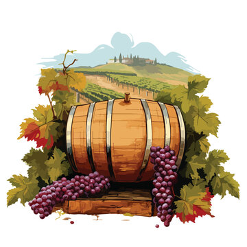 Countryside Vineyard With Wine Barrel Clipart