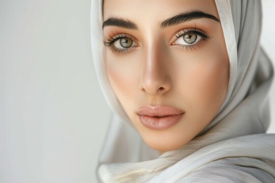 A Saudi Arabian beauty model, exuding elegance and allure, photographed in a white studio flooded with natural light