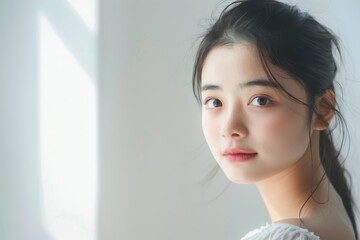 Serene Portrait of a Young Woman: A close-up shot showcases the natural beauty of a young woman, with soft lighting accentuating her features. Her gaze invites a sense of connection and serenity.