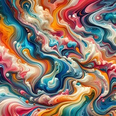 Vibrant swirls of bold and colorful acrylic paint create a mesmerizing marbled wave pattern, forming an abstract and dynamic background banner.