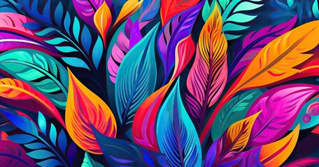 A beautifull vibrant and colorful pattern featuring bold, abstract shapes in various shades of green, orange, pink, blue, yellow, white and purple, and black