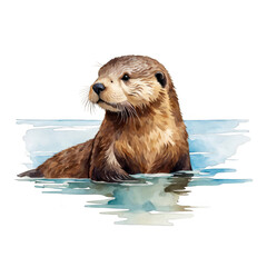 Sea otter watercolor painting, cute, marine animal, vector illustration, clipart, animal, clipart, dolphin jumping, water splash, adorable, brown, aquarium, cutout on white background