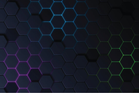 dark hexagonal background. Black Hexagon. Abstract Black Hexagon Pattern. Background With Gradient Color Backgrounds. Black Hexagon Pattern Vector. with green, blue, Cyan, Magenta.