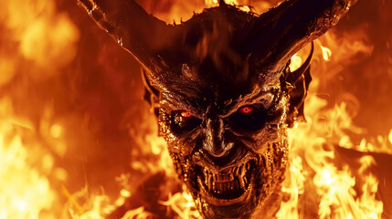 Demon Demonic devil in the fire of hell inferno burning bright fire. Digital album Art - obrazy, fototapety, plakaty