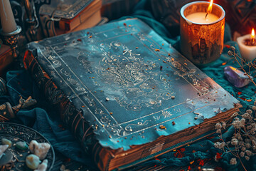Antique Magic Book. Witchcraft background. Candle and alchemy ingredients around - obrazy, fototapety, plakaty