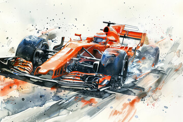 Orange watercolor painting of sport car racing in formula 1 competition